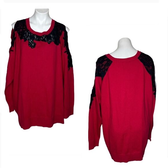 TORRID Top Red Cotton Knit Black Lace Pullover Cold Shoulder Plus Size 5 5X NEW - Picture 10 of 10